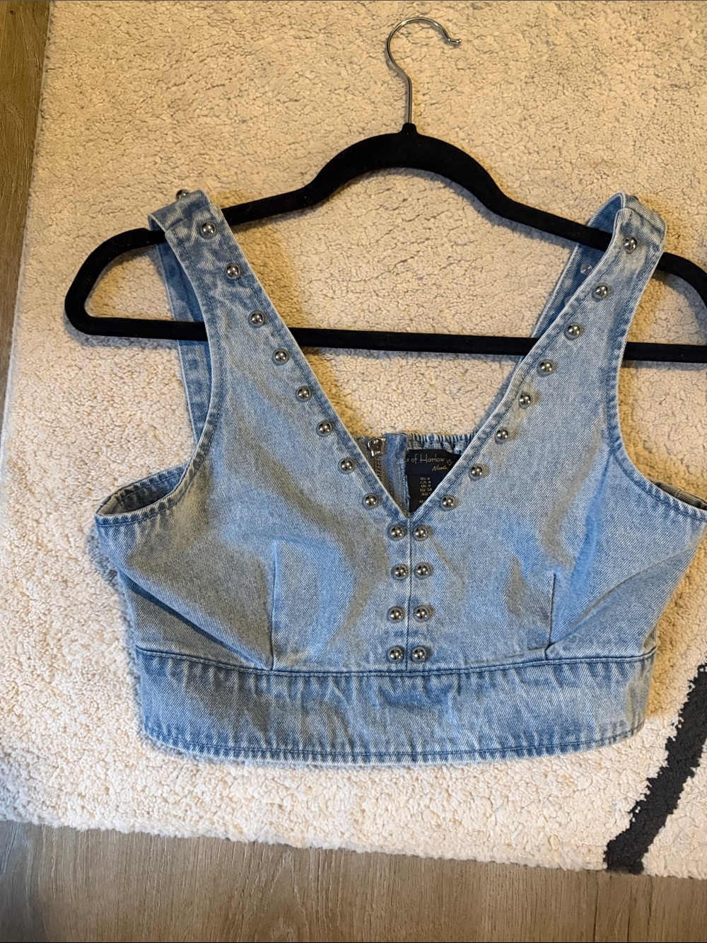 House of Harlow Light Blue Denim Studded V-Neck Crop Top